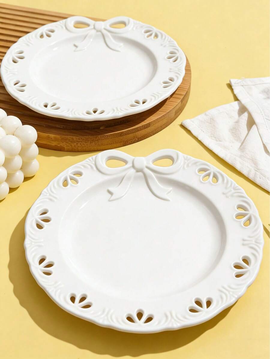 1pc, 2pcs Ceramic Dinner Plate Household Living Room Dining Room Kitchen Tableware Snack Candy Inventory Heart Salad Bowl Storage Cake Plate Fruit Plate Dinner Plate Bowl For Grain Vegetables Meat Bread For Family, Party, Dining Room, Picnic Wedding Celebration, Party Service Tray - White - View 1