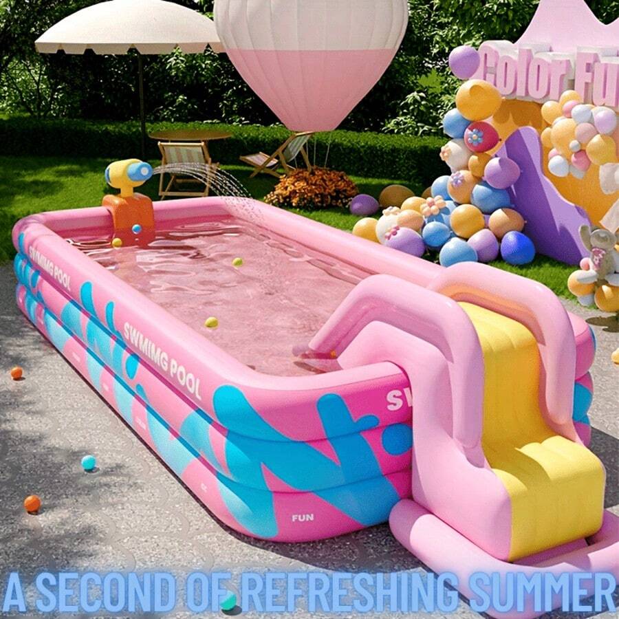1 Set de Piscina Inflable Portátil a Rayas Rosas - Entretenimiento Acuático al Aire Libre - La Elección Perfecta para Fiestas de Jardín, Plegable y Fácil de Almacenar, la Opción Perfecta para Fiestas de Jardín y Actividades Refrescantes Familiares de Verano