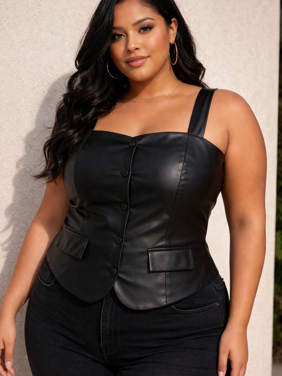 Women's Plus Size Tank Top In PVC Leather With Thin Straps, Structured Details And Faux Pockets. Regular Length. - Black - View 1