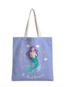 1pc Mermaid Print Canvas Large Capacity Open Top Shoulder Tote Bag, Suitable For Students Daily Shopping, Commuting, Travel - Multicolor - View 7