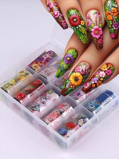 10pcs/Box Mixed Summer Floral Nail Art Stickers, 3D Nail Decals, Flower Color, Rose Design, Spring/Summer Foil Nail Stickers