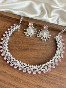 Bộ trang sức 3 món sang trọng đính ngọc trai giả, gồm vòng cổ choker pha lê nhiều màu sắc và bông tai mặt dây chuyền tua rua, thích hợp cho phụ nữ dự tiệc, cưới hoặc mặc hàng ngày. - Mặt dây chuyền ngọc trai - Xem 7