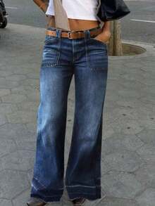 Women's Wide Leg Flared Jeans With Diamond Shaped Front Pockets Casual Spring - Dark Wash - View 4