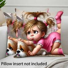 2pcs/Set Realistic Cartoon Shih Tzu Girl Print Soft Polyester Pillow Case, 45x45cm (17.72x17.72inch), Zippered, Machine Washable, Suitable For Home Decor, Living Room, Bedroom, Porch, Garden, Hotel, Cafe, Outdoor (Cushion Covers Only - Insert Not Included) - Multicolor - View 1