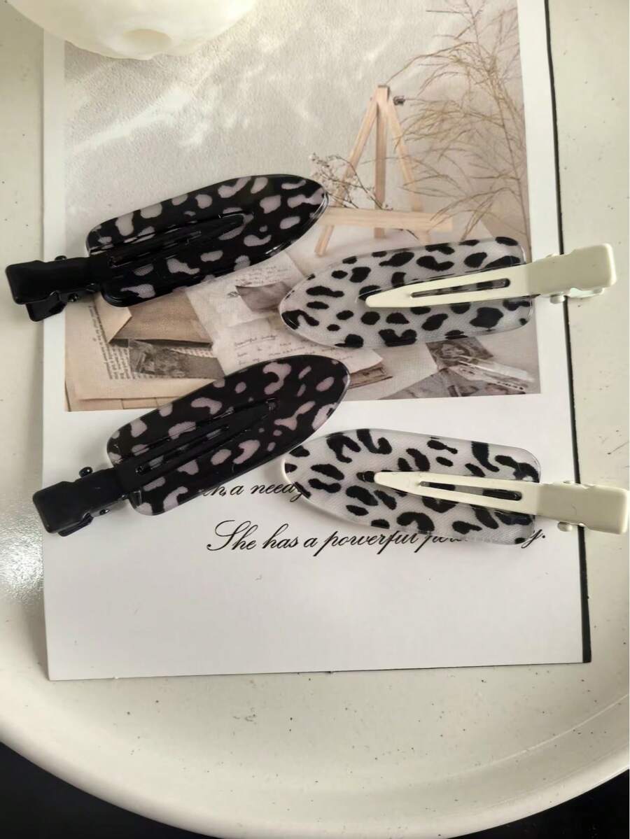 4个复古醋酸纤维黑白豹纹发夹，亚克力鸭嘴夹刘海及碎发发饰，可爱女孩发夹