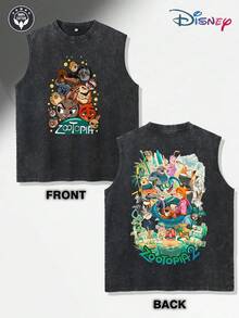 Disney Zootopia 2 Character Graphic Tank Top - 100% Washed Cotton - Front Judy Hopps & Nick Wilde Portrait With "Zootopia" Text / Back Panoramic Cityscape With Full Cast & "Zootopia 2" Logo - Distressed Grey Loose Fit Streetwear Sleeveless Shirt For Men & Women - màu đen - Xem 2