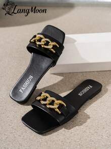 LangMoon 2026 Black Luxury Rhinestone Chain Sandals, Soft PU Leather + Sparkling Metal Chain Decor, Comfortable Flat Non-Slip Durable, Fashionable Versatile For Commuting, Shopping, Party, Spring/Summer,Wide Fit - Black - View 5