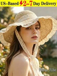 Gorgeous Sun Hat Featuring Windproof Lace Chin Strap And Scalloped Edge Lightweight Straw Hat For  Girls Romantic Beach Hats Perfect For Honeymoon Resort Poolside Lounging Fisherman Hat Cruise Essentials Vacation Essentials Beach Accessories For Women Beach Essentials Travel Essentials For Women - 彩色 - 查看 2