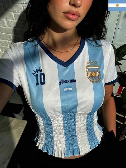 Women's Casual Argentina Jersey Semi-Sheer Mesh V Neck Shirred Lettuce Trim T-Shirt For Summer Spring,Blokette Blokecore Remake,2026 World Cup