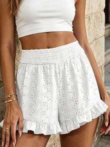 Womens Ruffled Shorts Loose Casual Embroidered Elastic Waist Summer Shorts For Beach Travel Vacations - White - View 6