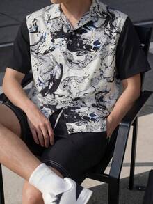 男士夏季休闲撞色印花拼接短袖衬衫和沙滩短裤套装 - 彩色 - 查看 3