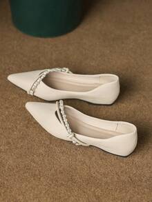 Women's Flat Slip-On Shoes, New Fashion Outdoor Flat Shoes With Inner Height Increase, Pointed Toe, Pearl & Rhinestone Decor, Ballerina Shoes, Solid Color, Soft Bottom, Soft Leather Loafers, French Style Shoes, Versatile Low-Cut Slip-On Loafers, Gentle Flat Shoes - Apricot - View 7