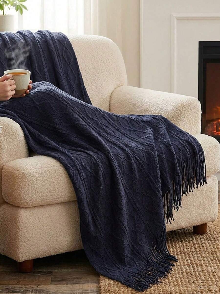 1pc Light Blue Diamond Plaid Knitted Blanket, Nordic Casual Style Tasseled Rectangular Throw Blanket For Sofa, Office Nap, Suitable For Daily Use - Vertical Diamond-shaped Dark Blue - View 1