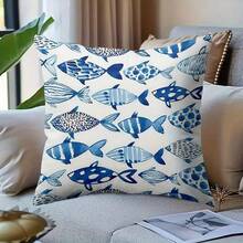 1pc Double-Sided Printed Pillowcase, Multi-Color, Navy Blue Fish Pattern, Coastal Ocean Style, Flat Printed Pillowcase, 100% Polyester Fabric, No Pillow Insert, Ideal For Creating A Cozy And Comfortable Atmosphere In Entryways Or Home Spaces. - Multicolor - View 8