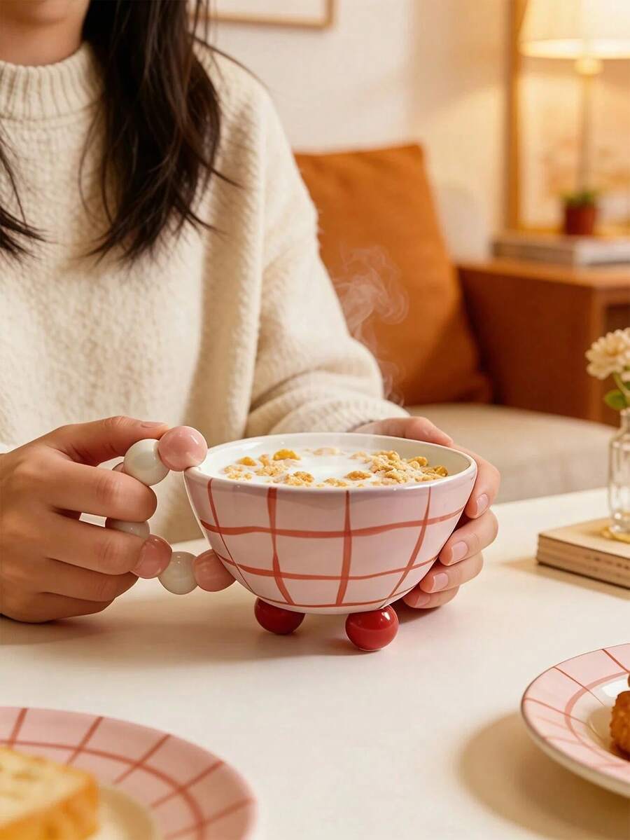 Bát sứ chịu nhiệt màu hồng kẻ caro có tay cầm, bát 3 chân, thích hợp đựng cháo yến mạch nóng, súp, dùng trong lò vi sóng. - Nhiều màu - Xem 1