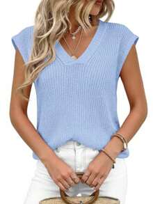 Women's Knit Sweaters Vest Lightweight Spring Cap Sleeve V Neck Tank Tops Summer Going Out Outfits - 淺藍色 - 查看 4