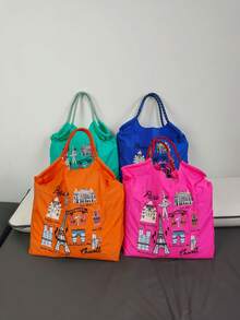 Nueva bolsa de mano con bordado de patrón de Torre Eiffel en nailon, estilo universitario de moda japonesa para mujer, bolso versátil de diseño único para ir y venir, con gran capacidad para el hombro y cruzado para fiestas y vacaciones - Multicolor - Ver 1