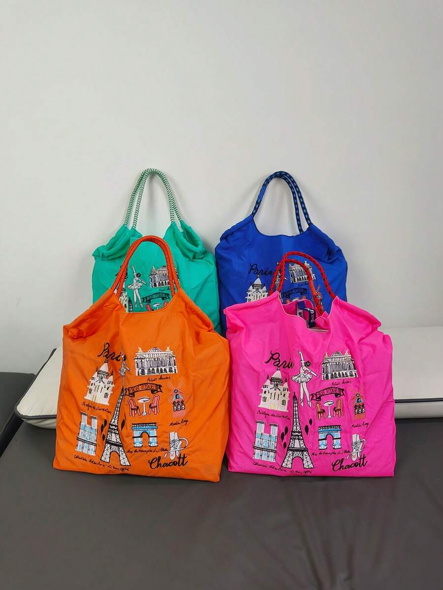 Nueva bolsa de mano con bordado de patrón de Torre Eiffel en nailon, estilo universitario de moda japonesa para mujer, bolso versátil de diseño único para ir y venir, con gran capacidad para el hombro y cruzado para fiestas y vacaciones - Multicolor - Ver 1