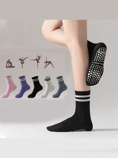 5双女士中筒防滑袜，双条纹设计，适合普拉提、瑜伽、健身、芭蕾等运动。