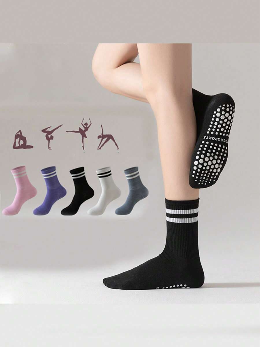 Conjunto de 5 pares de meias femininas de cano médio antiderrapantes com design de listras duplas, ideais para esportes como pilates, ioga, fitness, balé e muito mais. - Multicolorido - Ver 1