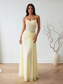 Womens Summer Halter Dress A Line Stylish Ruched Solid Color Sleeveless Backless Long Dress - Yellow - View 5