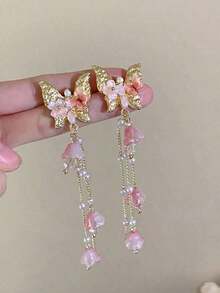 1Pair -Tone Pink Long Butterfly Pearl Tassel Earrings, Suitable For Spring/Summer Outfits - 金粉紅色 - 查看 1