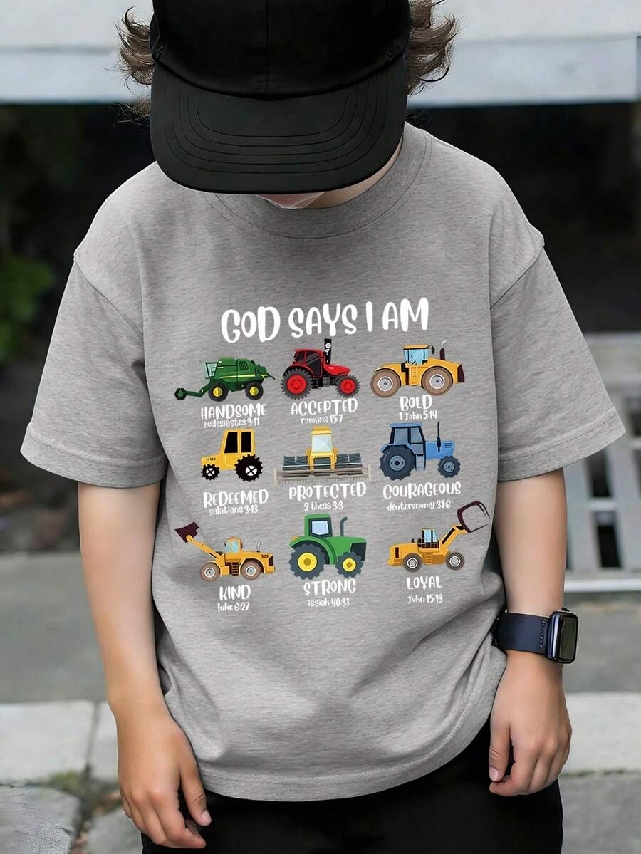 Áo thun in chữ dạo phố sành điệu cho bé trai, áo ngắn tay cổ tròn thông thường cho mùa hè - Xám - Xem 1
