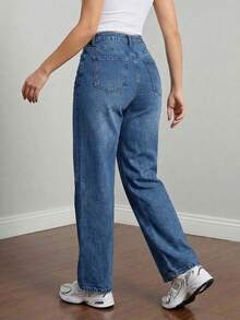 Womens Casual Light Wash Denim Straight Leg Jeans With Pockets And Button Zipper Closure Non-Stretch Long - Rửa tối - Xem 2