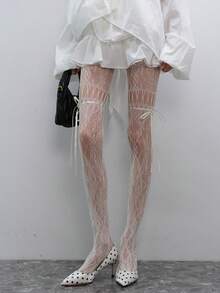 女士蝴蝶结系带渔网袜性感透视大腿袜 - 白色 - 查看 1
