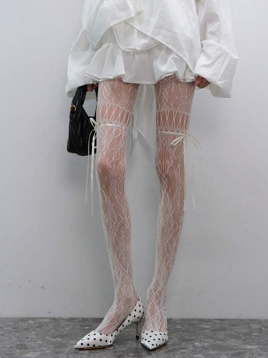 女士蝴蝶结系带渔网袜性感透视大腿袜 - 白色 - 查看 1