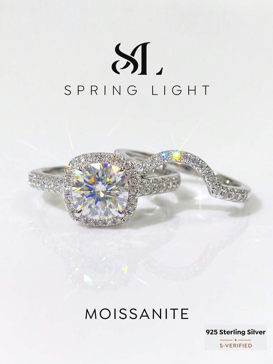 2 pièces/set 1 carat 4 griffes diamant incolore moissanite coupe princesse bagues de couple réglables, bagues de fiançailles/mariage/anniversaire minimalistes romantiques en argent sterling 925, cadeau de bijoux de luxe - Argent - Voir 1