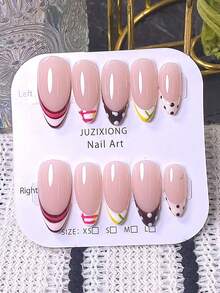 10 pièces d'ongles à presser faits main en forme d'amande, avec des rayures dopamine colorées et un design à carreaux. Bouts français blancs peints à la main avec des pois bruns, ainsi que des rayures roses et vertes et des motifs à carreaux. Élégants, romantiques et minimalistes, ces ongles de luxe à presser dégagent une ambiance sophistiquée et glamour. Convient pour le port quotidien, les rendez-vous, les concerts et les occasions d'affaires légères. Un cadeau idéal pour les femmes et les filles. - Multicolore - Voir 2