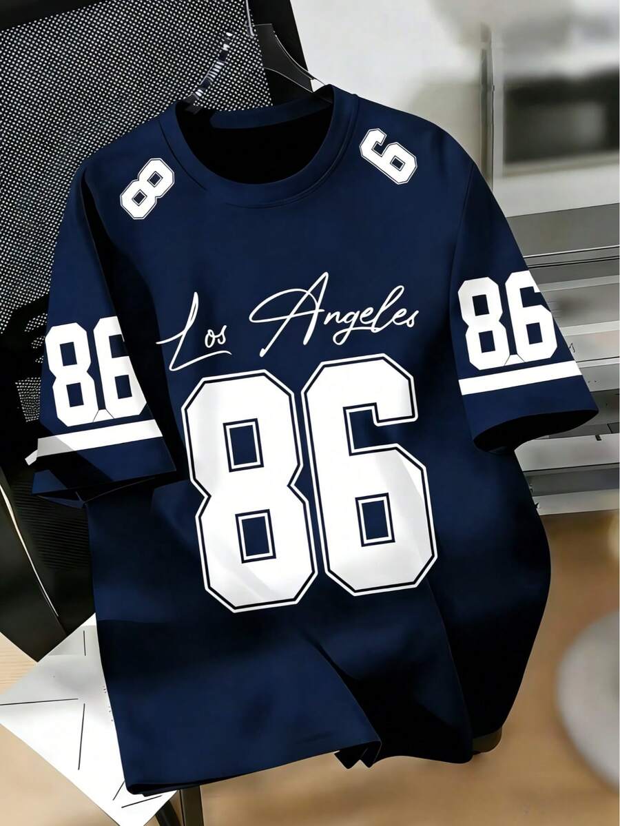 Men's Graphic T-Shirt With Number 86 And "Los Angeles" Handwritten Letter Pattern, Loose And Comfortable, Suitable For Casual, Sports, Campus Activities, Made Of Polyester Fiber, Quick-Drying And Easy To Wash - Navy Blue - View 1