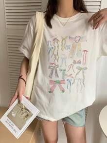 日系女式宽松街头风可爱蝴蝶结印花短袖T恤，夏季 - 白色 - 查看 1