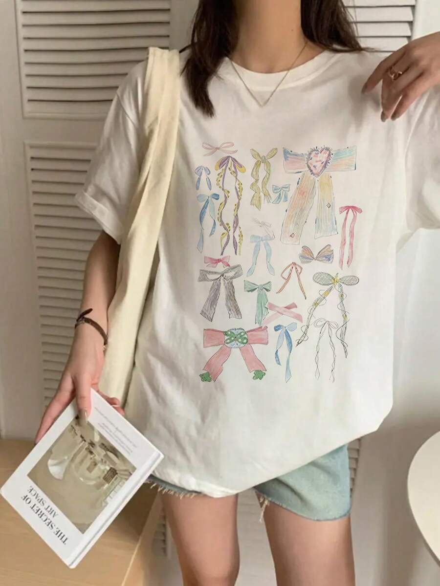 日系女式宽松街头风可爱蝴蝶结印花短袖T恤，夏季 - 白色 - 查看 1