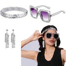 3件套70/80年代迪斯科闪亮派对套装：亮片发箍+水钻时尚眼镜+流苏夹式耳环，适合角色扮演、万圣节派对、日常聚会、70/80年代迪斯科派对 - 彩色 - 查看 12