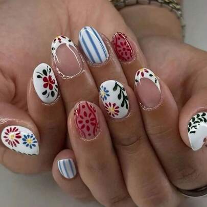 24片椭圆形墨西哥塔拉韦拉风格哑光花卉条纹亚克力假指甲，附赠1片果冻胶和1个指甲锉，适合女性日常、节日和派对场合。美甲配件