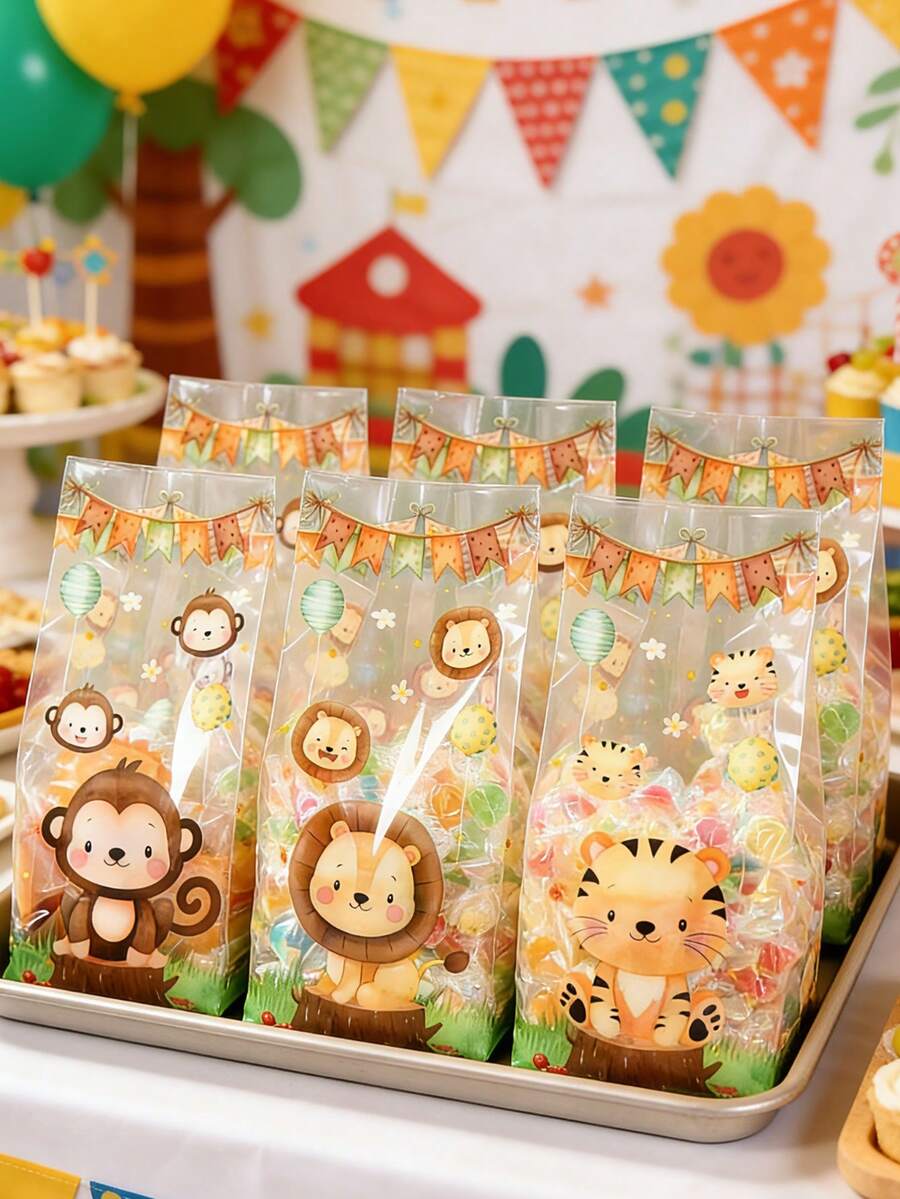 100个丛林动物烘焙袋，狮子老虎猴子图案礼品包装袋，生日派对糖果袋，丛林动物主题饼干袋，零食袋，婴儿派对装饰，性别揭晓派对装饰，婚礼饼干袋，新娘送礼会回礼，超市购物袋，家庭聚会桌面装饰，厨房包装用品，生日礼物袋，丛林动物装饰，派对回礼