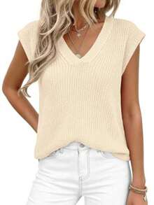 Women's Knit Sweaters Vest Lightweight Spring Cap Sleeve V Neck Tank Tops Summer Going Out Outfits - Beige - View 2