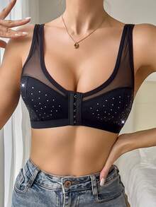 Sujetador sin aros ni relleno para mujer, con cierre delantero, elegante, con malla y decoración de strass - Negro - Ver 3