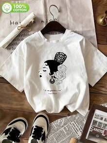 Maglietta da donna bianca con stampa grafica, maniche corte, spalle cadenti, scollo rotondo, top casual per outfit primavera e autunno, tessuto leggermente elasticizzato, all'aperto, Y2K - Bianco - Visualizzare 1