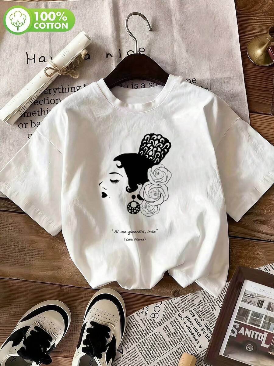 Maglietta da donna bianca con stampa grafica, maniche corte, spalle cadenti, scollo rotondo, top casual per outfit primavera e autunno, tessuto leggermente elasticizzato, all'aperto, Y2K - Bianco - Visualizzare 1