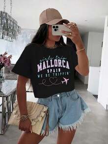 ESPANA Mallorca Graphic Crop Top T-Shirt - Style, Short Sleeve, Round Neck, Medium Stretch, Casual Summer Tee With Airplane & Heart Design, White, Women'S Fashion, Medium Elasticity-Casual Women's Summer Clothes, Soft Tank Tops, Simple Tube Top & Classic Graphic Tees, Warm Mother's Day Gift - màu đen - Xem 1