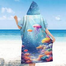 1pc Soft Hooded Beach Towel With Jellyfish Print, Wearable Beach Robe, Oversized Cute Anime Pool Towel, Super Absorbent Microfiber Beach Blanket, Birthday Gift - Style1 - View 2