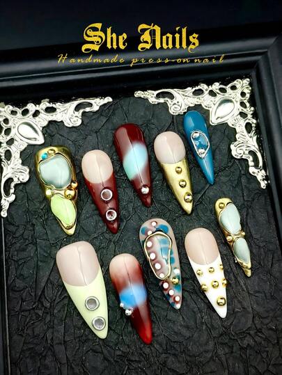 Cute Baroque Y2K Western Junk Punk Glossy Metallic Colorful Nails Look With 10pcs French Tips Nail Art Long Stiletto Acrylic Press On Nails With Bleding Craftsmanship 3D Beans 3D Gold Circles Gold Beads Blending, Cat's Eye French Tip Y2K Gothic Suitable For Holiday And Daily Wear With Free Gel Sticker Nail File.