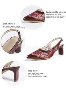 Women's Burgundy Lace Slingback Block Heels, Pointed Toe Mesh Embroidered Pumps For Wedding & Evening Party - Burgundy - View 9