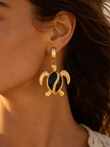 18K Gold Plated Enamel Sea Turtle Drop Earrings, Bohemian Style Gold Summer Beach Vacation Accessories, Stainless Steel Waterproof Beach Earrings (Multiple Enamel Colors Available) - Gold - View 15