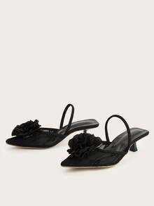 Women's Pointed Toe Slingback Shoes, Versatile Elegant Party Comfortable Fashion Open Toe High Heel Shoes With Floral Decor And Backstrap, Kitten Heel Pumps - Black - View 3