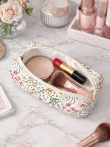 Large Capacity Women's Cosmetic Bag – Multi-Functional Handbag For Travel & Daily Use, Stylish Leaf & Pink Flower Design - Multicolor - View 10