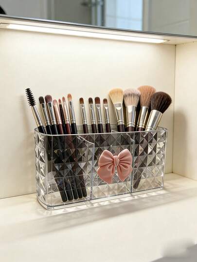 Transparent Acrylic Eyebrow Brush Holder + Bow Decor - Makeup Storage Box With Compartments